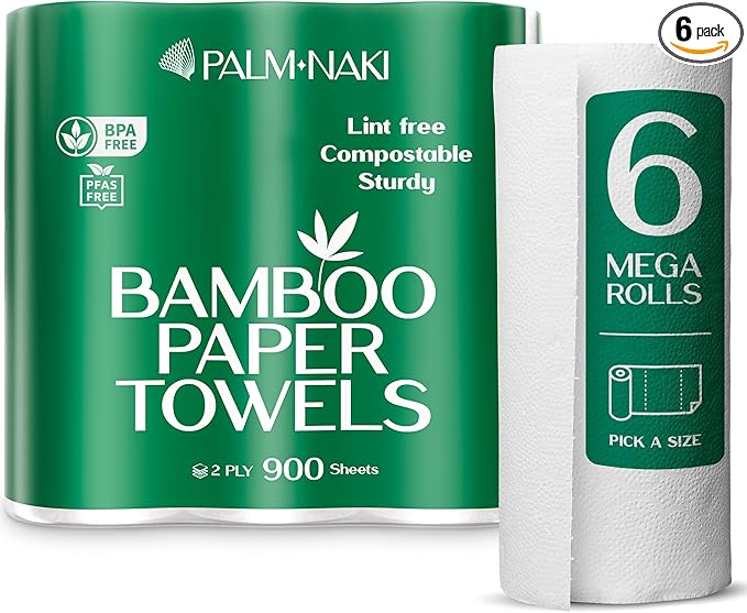 100% Bamboo Paper Towels | Lint-Free, Eco-Friendly, Tree-Free | 2-Ply Kitchen Paper Towel | Food Grade – FSC-Certified, BPA/PFAS-Free | 6 Mega Rolls – 150 Sheets/Roll | PALM NAKI