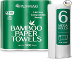 100% Bamboo Paper Towels | Lint-Free, Eco-Friendly, Tree-Free | 2-Ply Kitchen Paper Towel | Food Grade – FSC-Certified, BPA/PFAS-Free | 6 Mega Rolls – 150 Sheets/Roll | PALM NAKI