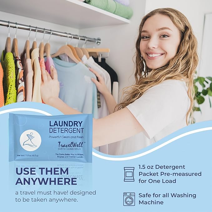 Travel Well Laundry Detergent Powder Packets - TSA-Approved Hotel & Bulk Laundry Detergent Pack - Individually Packaged Paraben-Free Stain Remover Packets - Pack of 100, 1.5 Oz