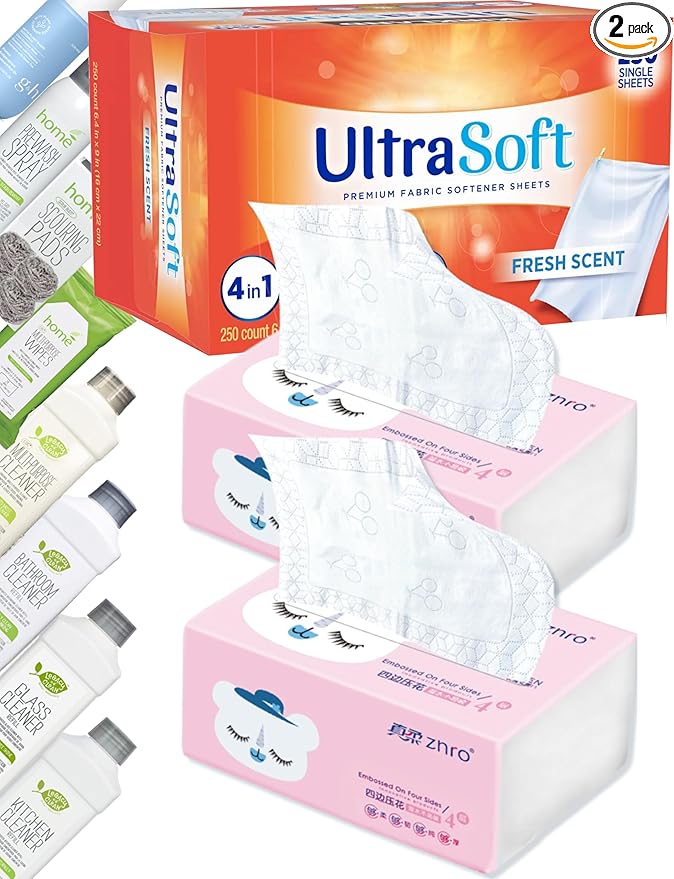 200 Dryer Sheets (6.4"x9") w/Easy-to-Dispense Box to Drive Clothes Ultra Soft & 200 Pulls ZNRO Powder Free Lint Free Paper Facial Tissues Super Soft 4-Ply 6.1"x6.9" w/Compact Pink Plastic Packaging