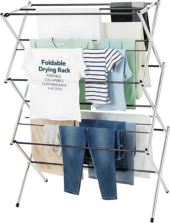 Displays By Jack Portable Collapsible Clothing Dryer Rack, Foldable Drying Rack for Clothes, Lingerie, Towels, Linens, Laundry Home Apartment Must Haves, Metal Chrome Finish