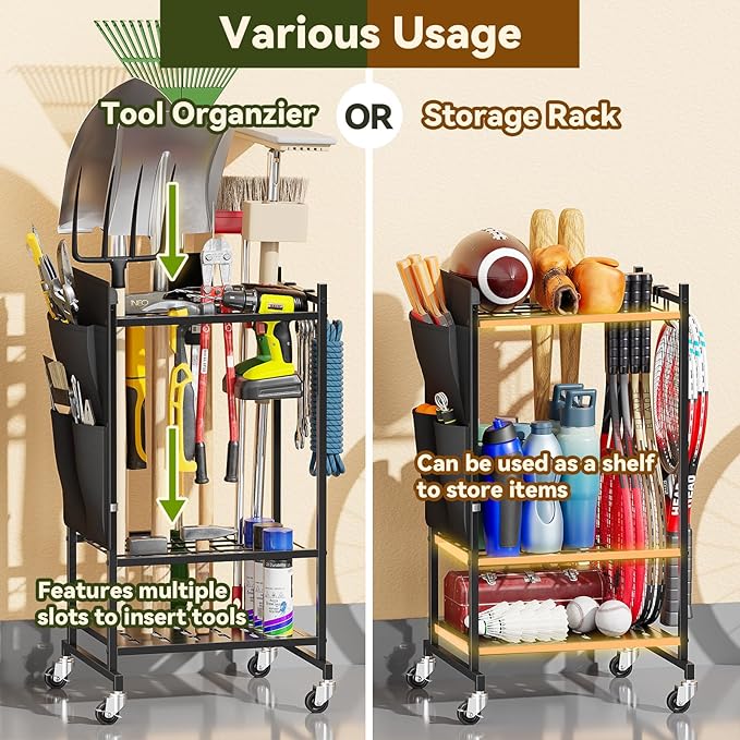 SUFAUY Rolling Garden Tool Organizer,Yard Tower Rack Heavy-Duty Garage Tool Stand with Wheels and Hooks, Black