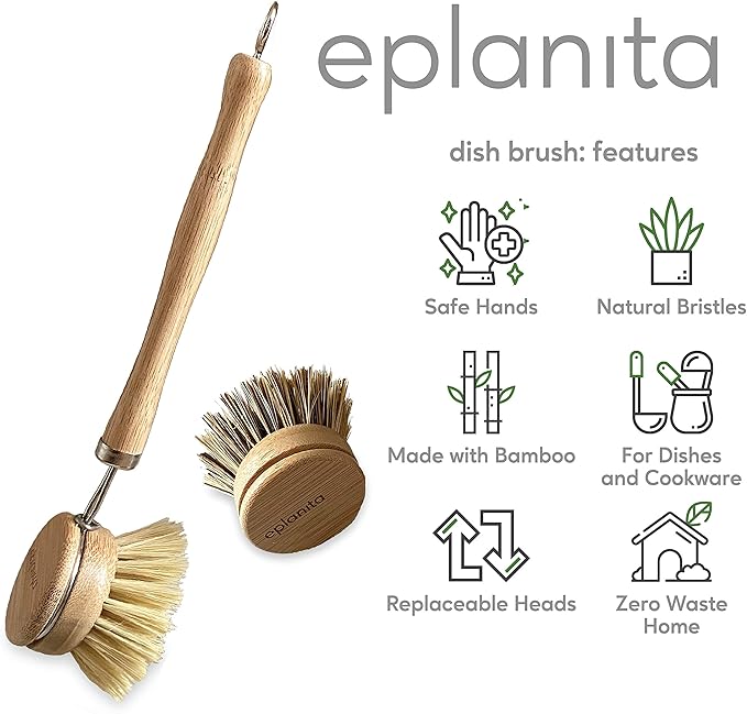 eplanita Natural Dish Brush, 3 Replacement Heads, Kitchen Eco Bamboo Scrubber Brushes, Extra Plant Sponge, Plastic Free Washing Up, Zero Waste Cleaning