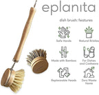 eplanita Natural Dish Brush, 3 Replacement Heads, Kitchen Eco Bamboo Scrubber Brushes, Extra Plant Sponge, Plastic Free Washing Up, Zero Waste Cleaning
