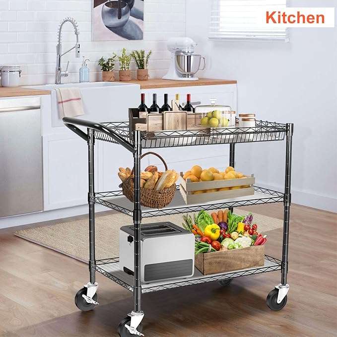 Heavy Duty Utility Cart, 990Lbs Capacity 3 Tier Rolling Carts with Wheels, Kitchen Cart on Wheels with Storage, Commercial Grade Metal Serving Carts with Wire Shelving &Handle Bar, Black
