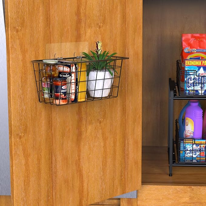 MaraFansie Over the Cabinet Door Organizer Wall Wire Baskets Hanging Kitchen Basket Shelf for Cabinet & Pantry Organization and Kitchen, Bathroom, Bedroom Storage, with Adhesive, Black, 3 Pack