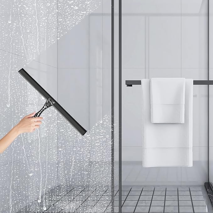 All-Purpose Silicone Shower Squeegee for Shower Glass Door,with 1 Hooks,for Bathroom Glass, Car, Tile Wall, Mirror Cleaning - Flower Shaped Handle for Easy-Grip 12 Inch Black