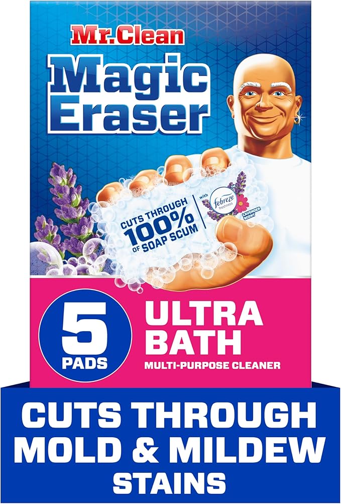 Mr. Clean Magic Eraser Sponge, Bathroom Cleaner, Shower Cleaner, Tub Cleaner, Soap Scum Remover, Bathroom Cleaning Supplies, Dawn Cleaning Power with Febreze Lavender Scent, Ultra Bath, 5ct