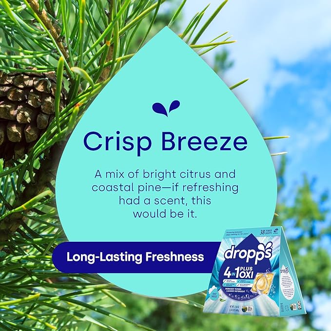Dropps 4-in-1 Plus Oxi Crisp Breeze Power Biobased Laundry Detergent Pods (38 Pods) - Chlorine-Free Bleach Alternative Biobased Laundry Whitener, Stain & Odor Remover