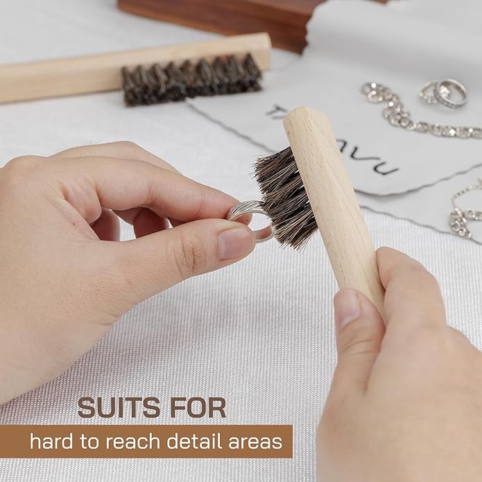 TAKAVU Horsehair Detail Brush Set, Silver Cleaning Brushes & Polish Cloth for Silverware Plateware Jewelry