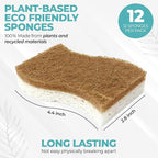 Plant Based Natural Sponge - Pack of 12 Cellulose Sponges, Safe on Non-Stick Cookware, Dual Sided Dish Sponge for Washing Dishes, Kitchen and Household
