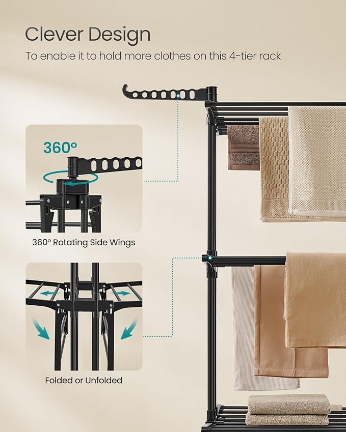 SONGMICS Clothes Drying Rack Stand 4-Tier, Foldable Laundry Drying Rack 68.1-Inch Tall, Stainless Steel, Rolling Clothes Horses Dryer Rack, Easy to Assemble, Indoor Outdoor Use, Ink Black ULLR701B01