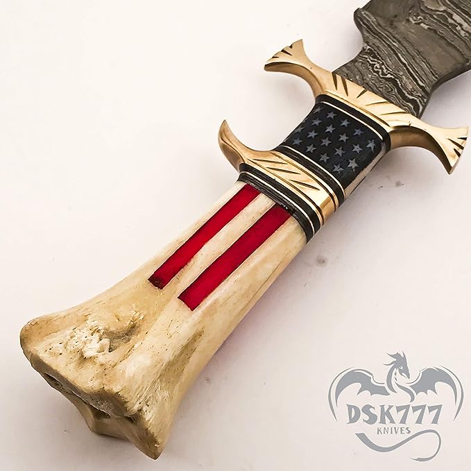 : CUSTOM HAND MADE DAMASCUS STEEL COLLECTIBLE GUTT KNIFE HANDLE MATERIAL BONE USA FLAG ACID ACHING (STAR)
