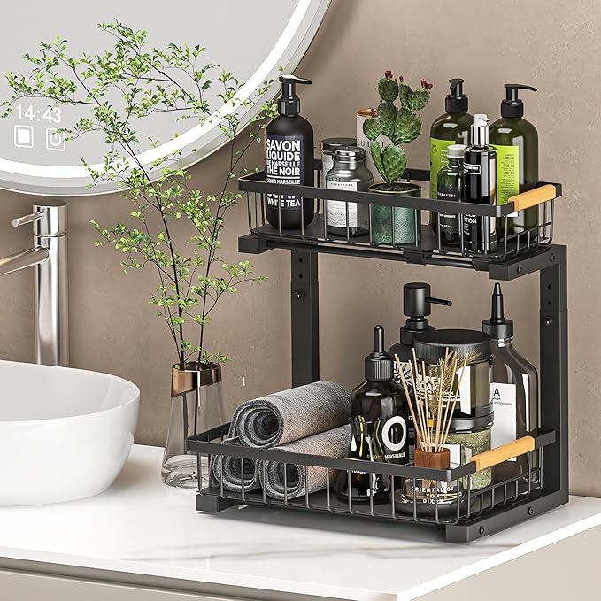 Under Sink Organizer Storage 1 pack, 2 Tier Slide Out Height Adjustable Pull Out Cabinet Organizer Drawers, Kitchen Bathroom Large Capacity Metal Under Sink Rack Caddy Basket Shelves, Black