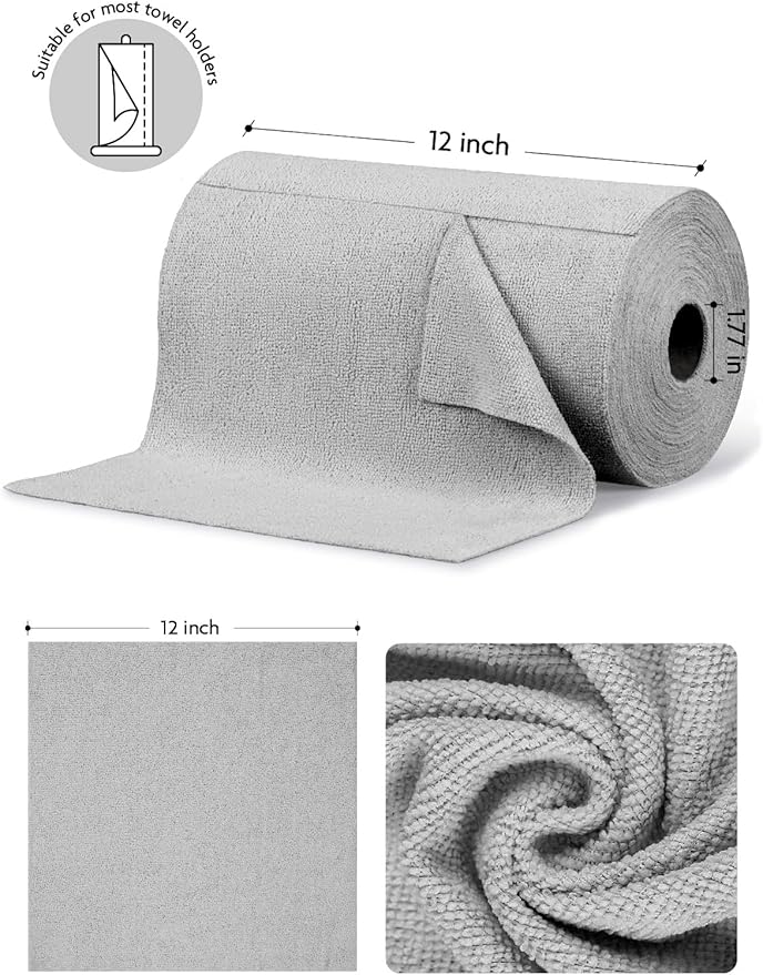 Fantasticlean Microfiber Cleaning Cloth Roll -75 Pack, Tear Away Microfiber Towels, 12" x 12", Reusable, Washable, Scratch Free, Ultra Absorbent Dish Rags for Car, Home, Garage or Shop (Grey)