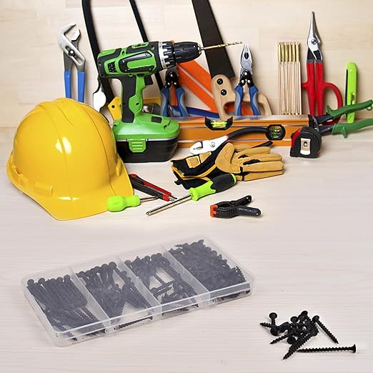 Drywall Screws Assortment Kit - 170 Pcs Black Wood Screws Phillips Tips, Coarse Thread Sheetrock Screws Set, Self Tapping Screws 4 Sizes 1",1-1/4",1-5/8",2in