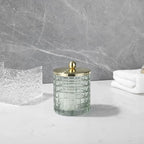 Sage Colored Tranlucent Apothecary Etched Geometric Grid Glass Jar W/Gold Metal Lid Cover for Bathroom Organization, Cotton Balls, Q Tips, and Small Accessories, Bathroom Storage