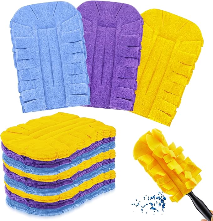 Zubebe 12 Pcs Duster Refill Reusable Fleece Duster Refills Feather Flat Dusters Multi Surface Washable Cleaning Pads Tools for Home, Blinds, Car, Pet, Furniture, Fans (Purple,Light Blue,Yellow)