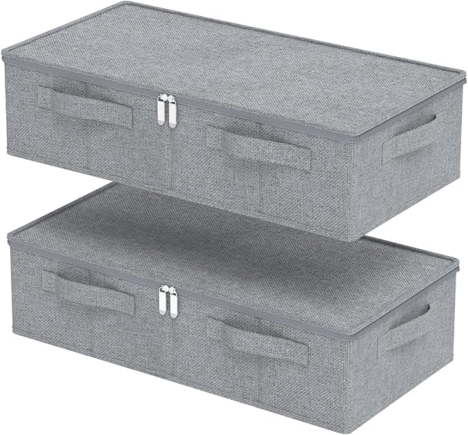 Underbed Storage Box, Foldable Bed Sheet Organizer, Cube Bags Container with Lid for Organizing Clothes, Blankets, Comforter, 23.6x11.8x5.9in, Grey, 2 Pack
