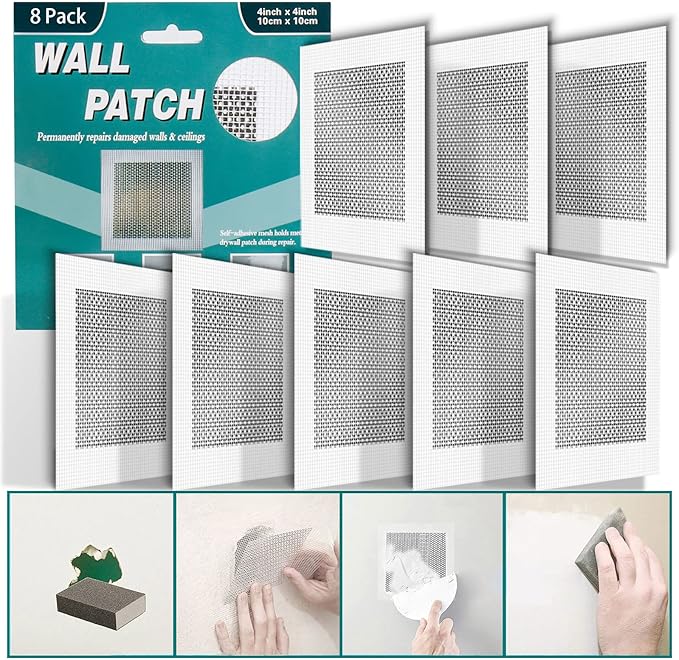 8Pcs 4 Inch Drywall Patch, Wall Repair Patches, Self-Adhesive Fiberglass Repair Kit Dry Wall Hole Repair Patch for Aluminum Metal Sheetrock Ceiling (4"x 4")