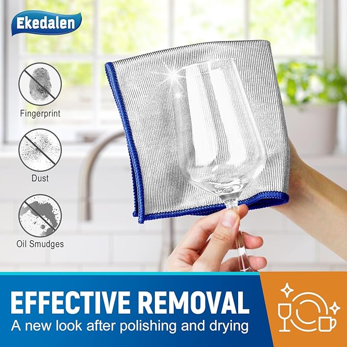 Microfiber Cleaning Cloth Polishing Glass Cleaner Absorbent Kitchen Towel Quick Drying Miracle Lint Free Rags for Household Auto Detailing Bathroom, Pack of 6, 12 x 12 Inch, Sliver-Blue