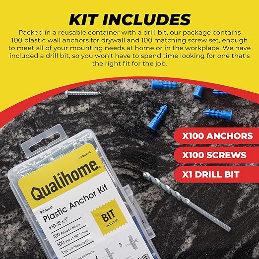 Qualihome Ribbed Plastic Drywall Anchor Kit - Wall Anchors and Screws for Drywall Includes Anchors, & Screws, 1 Masonry Drill Bit - Mounting Tolls for Decor, Furniture, Shelving (10-12 x 1)
