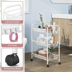 TOOLF 3-Tier Metal Rolling Cart, Mesh Wire Easy Assemble Utility Cart, Storage Trolley on Wheels with 3 Hooks, MetalStorage Shelving Units for Kitchen Bathroom Laundry Room
