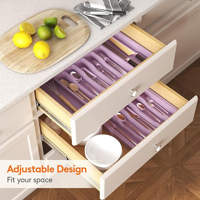 Lifewit Silverware Drawer Organizer, Expandable Utensil Tray for Kitchen, BPA Free Flatware and Cutlery Holder, Adjustable Plastic Storage for Spoons Forks Knives, Large, Purple