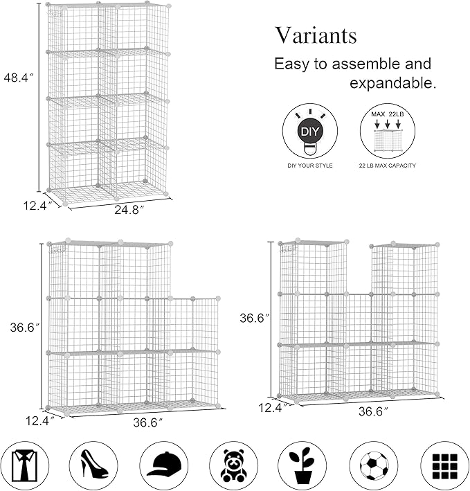 C&AHOME Wire Cube Storage, 8-Cube Organizer Metal C Grids Storage, Storage Bins Shelving, Modular Shelves, DIY Closet Cabinet Ideal for Living Room, Home, Office 24.8" L x 12.4" W x 48.4" H White