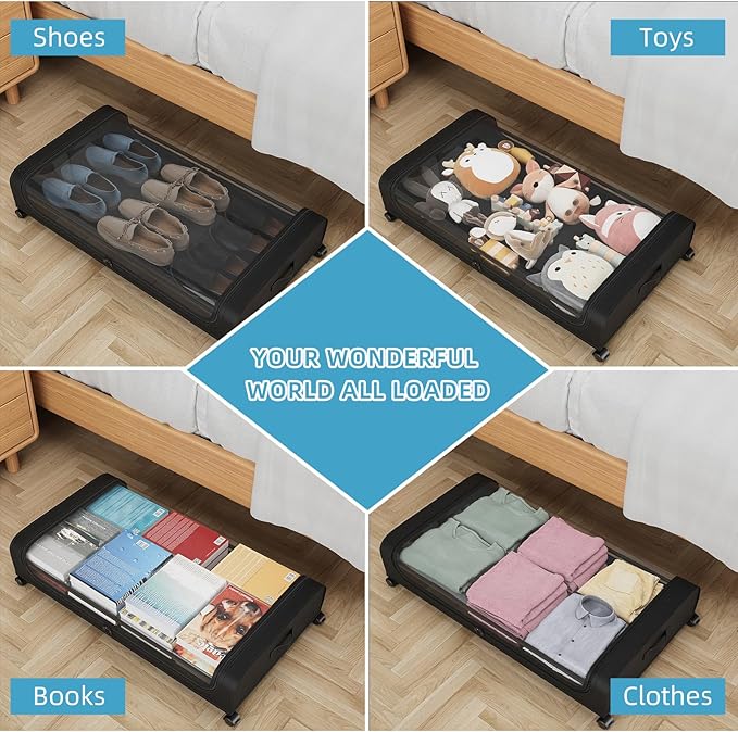 Under Bed Storage Containers, Under Bed Shoe Storage With Wheels, Bedroom Storage Organization with Handles, Under Bed Storage Bins Drawer For Clothes, Blankets And Shoes, Bedding