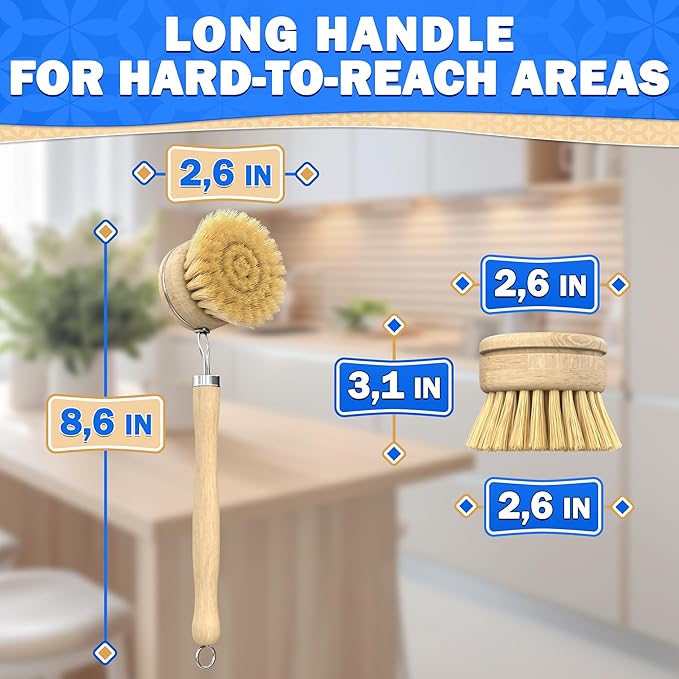 5 Pcs Bamboo Dish Brush Set – Wooden Dish Brush with Ergonomic Handle for Scrubbing Pots and Pans – Durable, Scratch-Free Bristles for Effective Dishwashing & Easy Grip for Comfortable Use