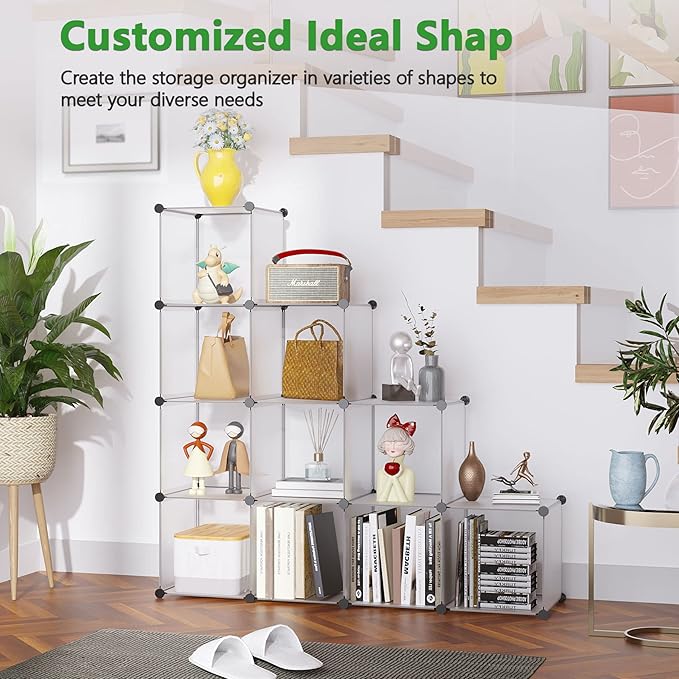 C&AHOME Cube Storage Organizer, 12-Cube Closet Cabinet Organizer, DIY Cube Shelf, Plastic Stackable Bookshelf, Modular Shelving Units Ideal for Home, Office, 36.6" L x 12.4" W x 48.4" H White SHS3012A