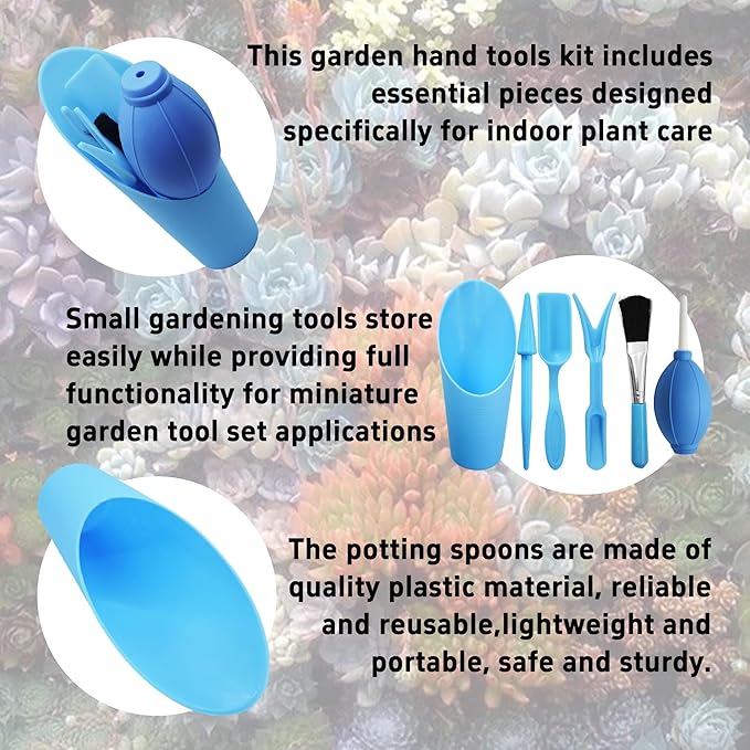 6Pcs Mini Succulent Tools Set, Garden Hand Tools Kit for Indoor Plant Care, Succulent Bonsai Miniature Garden Tool Set, Small Gardening Tools for Transplanting Digging Planting, Blue