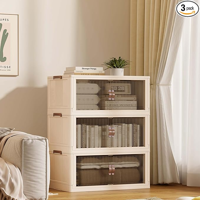 SAILUN 83Gal/335Qt Stackable Storage Bins Folding Collapsible Storage Bins with Lid, Closet Organizers and Box with Door Beige 26" W x 17" D x 43.7" H