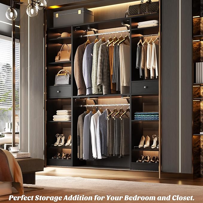 Unikito 58-90 Inch Closet System, Large Walk in Closet Organizer with 3 Hanging Rods and Shelves, Heavy Duty Wood Closets Wardrobe with 2 Drawers & Shoe Rack, Sturdy Reversible Clothing Rack, Black