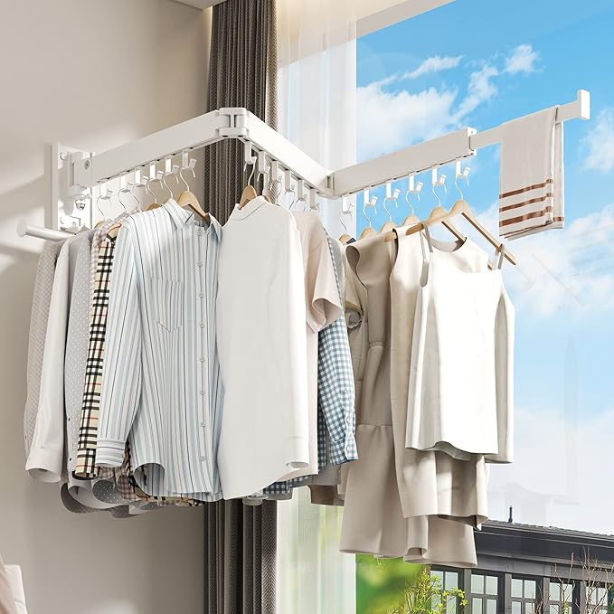 Wall Mounted Clothes Hanger Rack, Clothes Drying Rack,Laundry Drying Rack,Collapsible Clothes Rack Wall Mount, Retractable Drying Rack Clothing,can Fold Upward & Left & Right,White Color