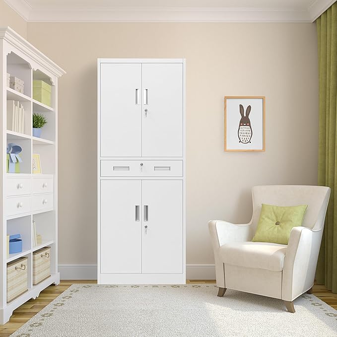Metal Storage with 1 Drawer, 71" Cabinet with 4 Locking Doors and 2 Adjustable Shelves, Steel Storage File Cabinet for Pantry, Kitchen, Office, Garage (White)