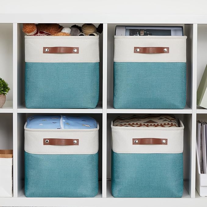 HNZIGE Fabric Storage Cube Bins Baskets for Organizing, 11 inch Cube Storage Baskets, Set of 4, Collapsible Storage Baskets with Handles, Closet Organizers Storage Home Toy Nursery room(White Teal)