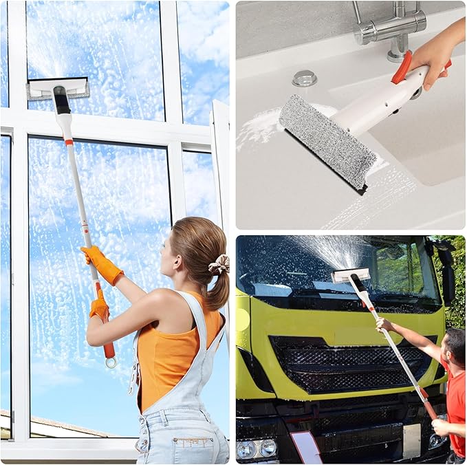 Spray Mop Window Cleaning Kit with Silicone Squeegee – Adjustable Aluminum Pole & Non-Slip Handle for Floors/Walls/Door/Windows/Cars/Bathroom, Detachable Tank & Washable Pads