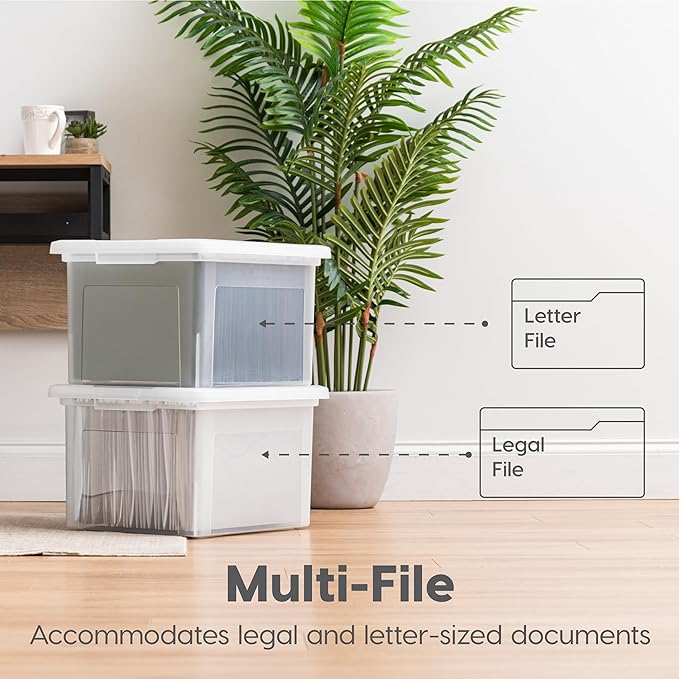 IRIS USA File Box, Plastic File Organizer with Lids for Letter/Legal File, Portable Document Box For Moving, Storage Bin with Durable and Secure Lid, Stackable Nestable BPA-Free, Pearl 35 Qt. 4 Pack