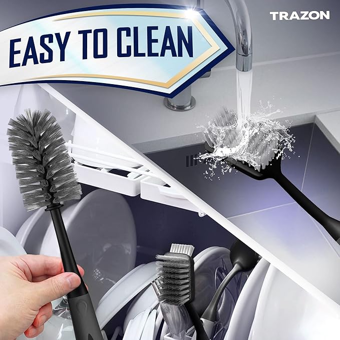 Dish Brush Set of 4 with Bottle Water Brush, Dish Scrub Brush, Scrubber Brush and Straw Brush - Kitchen Scrub Brushes Ergonomic Non Slip Long Handle for Cleaning Cleaner Wash Dish Sink Dishes Cup Pot