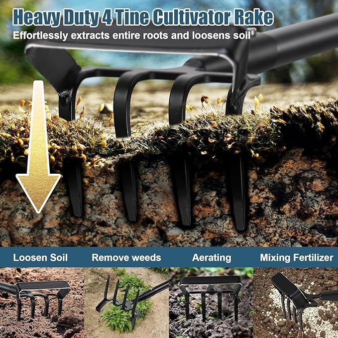 Dual Function Hoe Garden Tool - 36-82” Extra Long Handle Lightweight Stirrup Hula Hoe for Easy Weeding, Carbon Steel Sharp Blade & 4 Tine Rake for Gardening