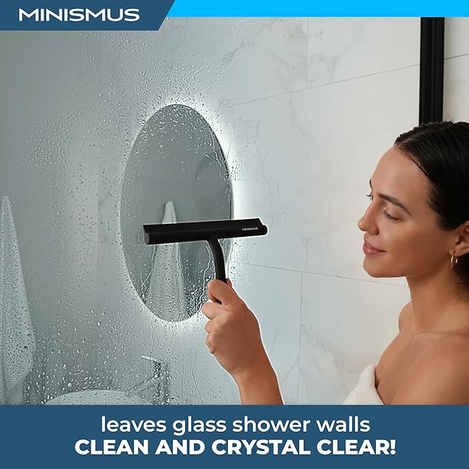 Minismus Shower Squeegee with Magnetic Hook - Silicone Window Wiper with Adhesive Wall Mounted Hanger - Shower Squeegee for Glass Doors - Rubber Squeegee - Shower Glass Cleaner (8.25 inches, Black)