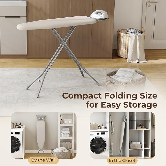 Yaheetech Foldable Ironing Board, Heavy Duty Iron Board with 9 Adjustable Heights, 4 Layer Cover and Safety Iron Rest, 52X14 Compact and Space Save Iron Board for Home Laundry Room Use, Beige