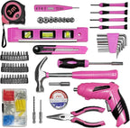 Pink Toolbox Essentials for Women Girls Starter DIY Drilling Kit with Cordless Power Tools, Electric Drill, Hammer, Screwdriver Sets, Mini Hand Tools, and Combo Bits for Home Repair Household Gift
