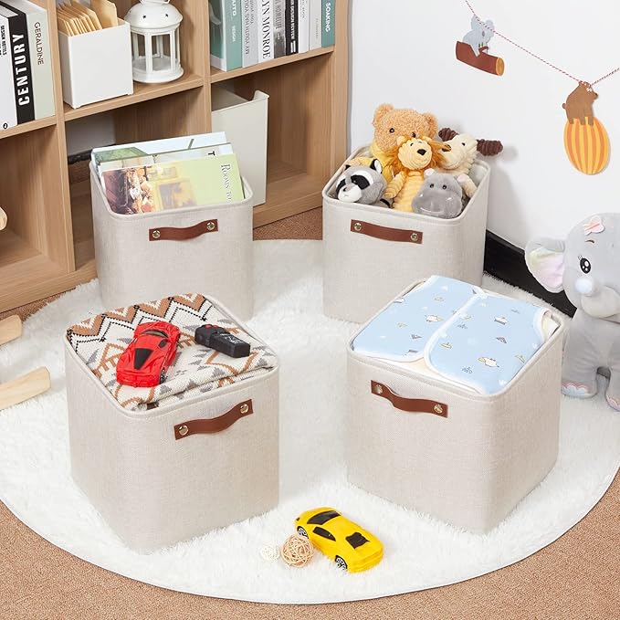 HNZIGE Cube Storage Baskets,Linen Storage Baskets for Shelves(4 Pack) Fabric Storage Basket for Toys,Baskets for Storage,Foldable storage cubes 11x11x11 for Books,Towels,Closet with Handles(Cream)