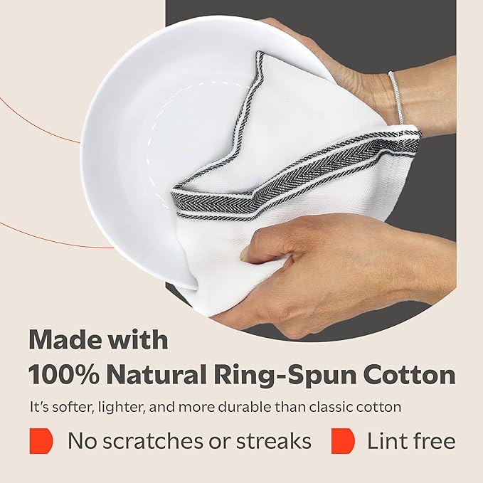 Zeppoli Classic Kitchen Towels - 15 Pack 100% Natural Cotton Towel Set, Reusable Wash Cloths, Absorbent Dish Towels, Machine Washable Hand Towels, Kitchen Essentials, 14” x 25”, Black Striped