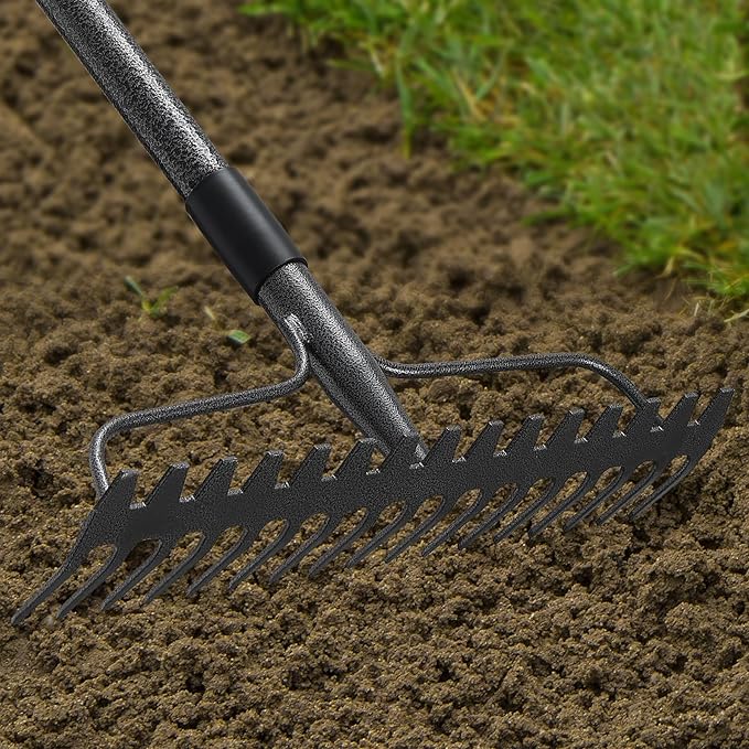 48'' Heavy Duty Garden Rake with Stainless Steel Handle, Metal Head for Loosening Soil, Gathering Leaves, Leveling Lawns