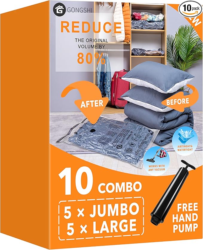 GONGSHI Vacuum Storage Bags, Space Saver Seal Bags For Clothing, Blankets, Comforters, Pillows, Clothes Storage,Travel Luggage.5 J 5 L