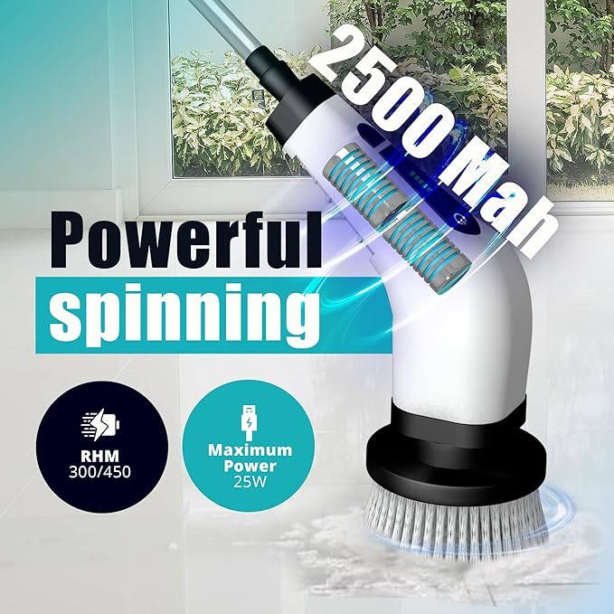Elebe Electric Spin Scrubber - 7 Replaceable Brush Heads, Electric Cleaning Brush 2 Speeds, Adjustable & Detachable Long Handle, Bathroom Cleaner Brush Electric 300/450 RPM